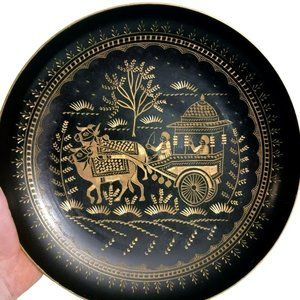 Vintage Hand Etched Engraved Black Enameled Wall Plate